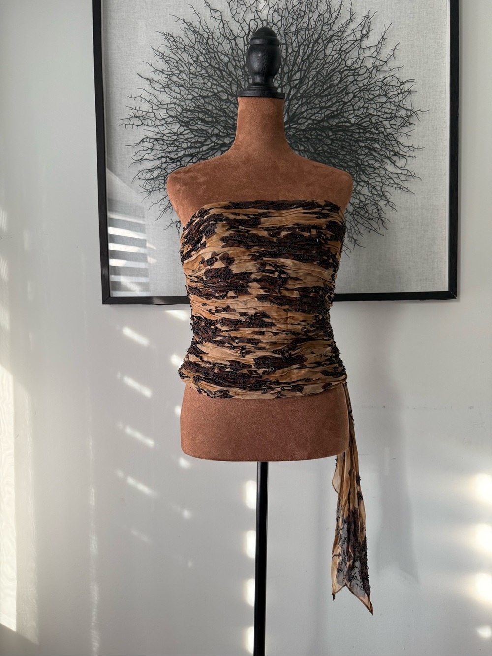 Mieka 100% silk with beaded accents Brown and Black Strapless Tube Top
